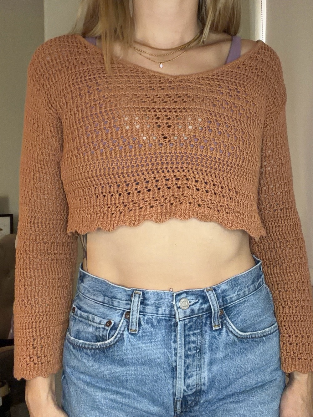 V‑Neck Crochet Crop Top in Rust Brown